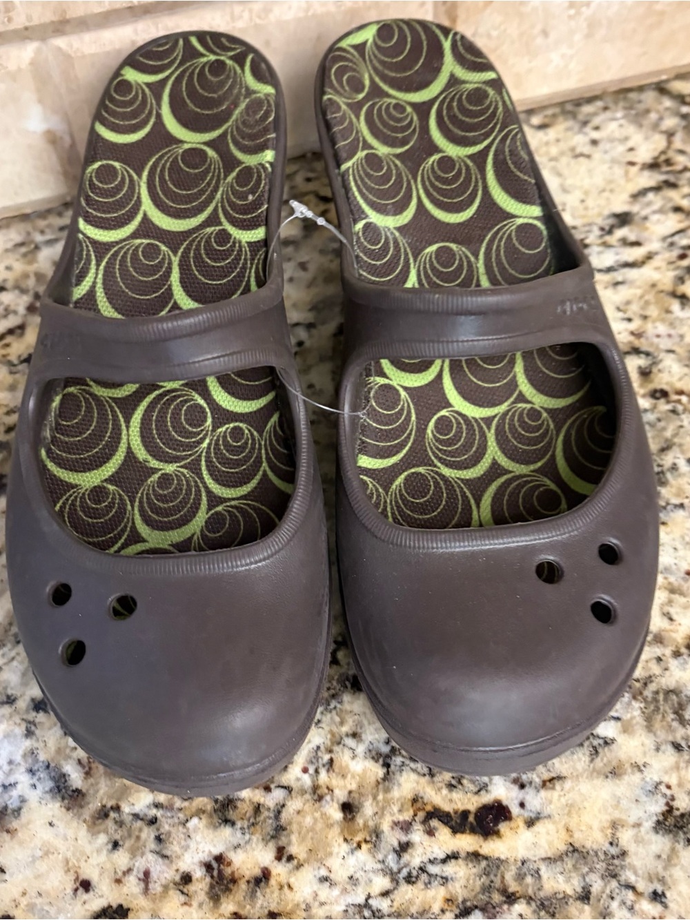 CROCS Women’s Brown Clog Sandals with Green Patterned Footbed